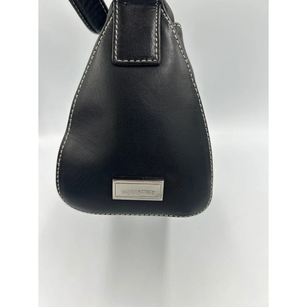 Perlina New York Black Leather Baguette Shoulder Bag Contrast Stitch Y2K Vintage - Picture 4 of 8